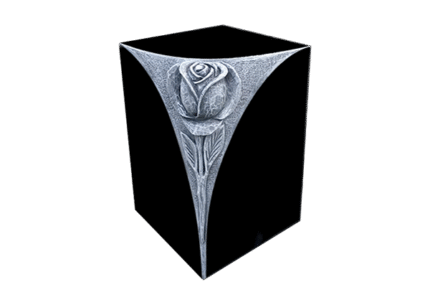 Design 17006 Urn w/ Rose 0-9x0-9x1-2 P5 Jet Black 6"x10" core hole, Carved rose, lid on bottom