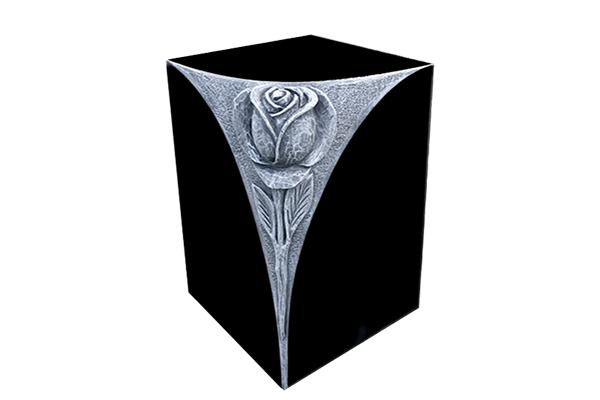 DES17006JB.png Design 17006 Urn w/ Rose 0-9x0-9x1-2 P5 Jet Black 6"x10" core hole, Carved rose, lid on bottom - Image 1